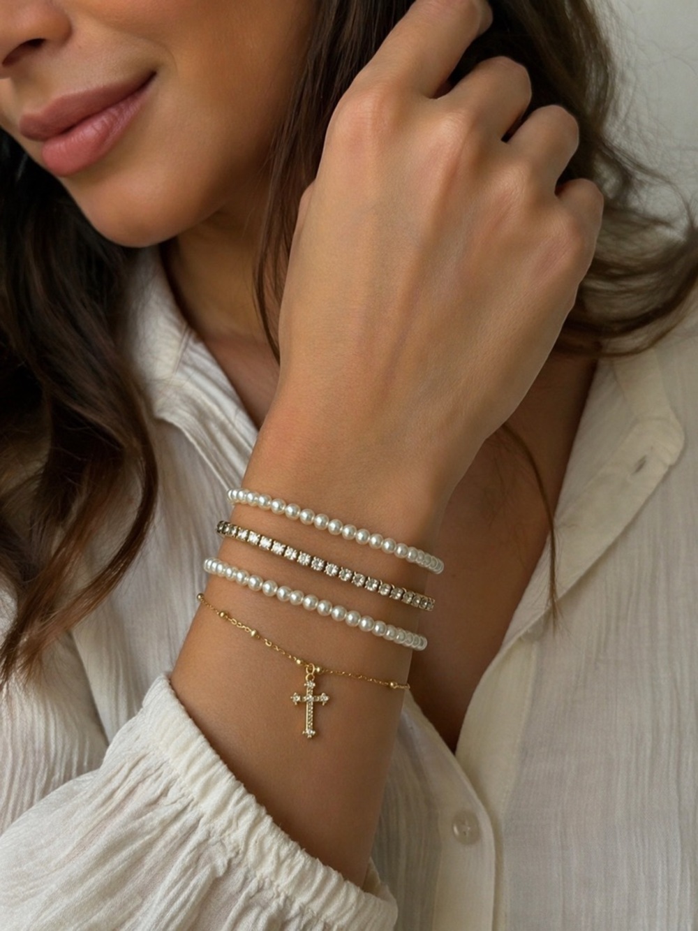 Guess Gold-Tone and Pearl Multi-Layer Bracelet set with Cross Charm